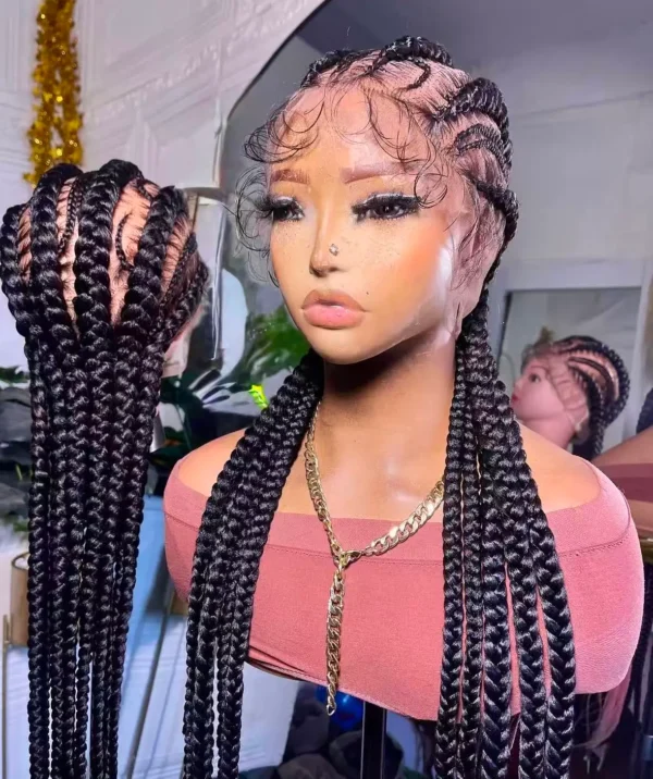 Jumbo Stitch Cornrow Braided Lace Front Wig – Long Natural Black Feed-In Stitch Braid Wig with Curly Edges-Long Black Feed-In Cornrow Braid Synthetic Wig with Baby Hair