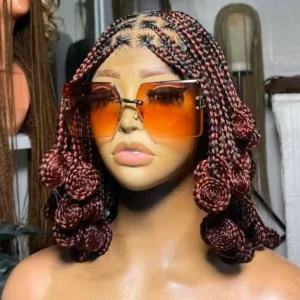 Handmade Full Lace Short Knotless Burgundy Braided Wig with bantu knots for Black Women