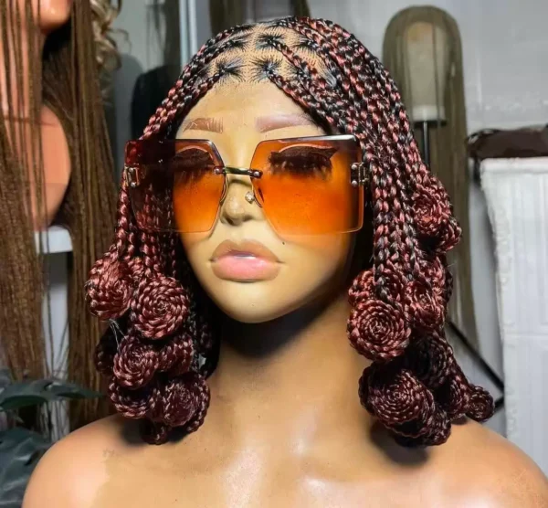 Handmade  Full Lace Short Knotless Burgundy Braided Wig with bantu knots for Black Women