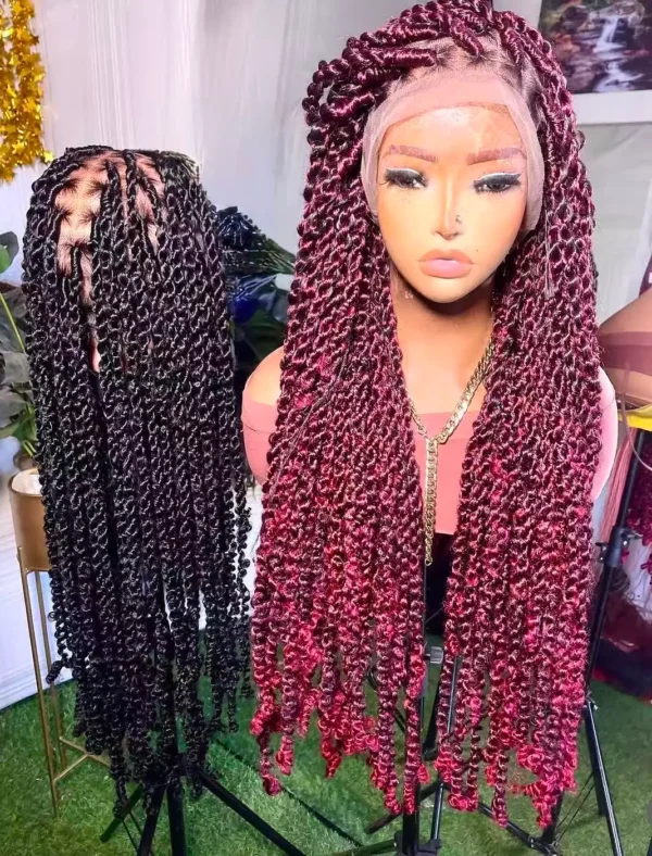Handmade Burgundy Passion Twist Lace Front Wig – Long Wine Red Passion Twist Braided Water Wave Passion Twist for Black Women