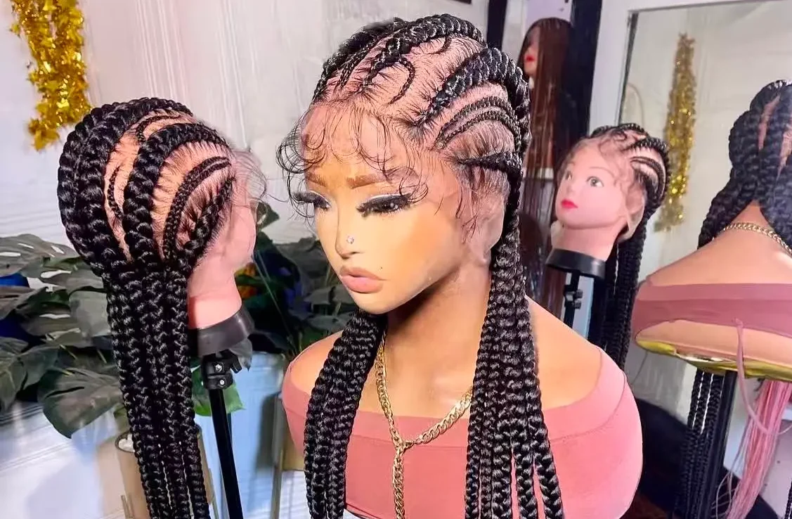 Jumbo Stitch Cornrow Braided Lace Front Wig – Long Natural Black Feed-In Stitch Braid Wig with Curly Edges-Long Black Feed-In Cornrow Braid Synthetic Wig with Baby Hair