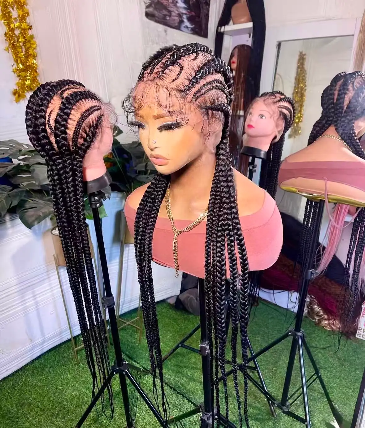 Jumbo Stitch Cornrow Braided Lace Front Wig – Long Natural Black Feed-In Stitch Braid Wig with Curly Edges-Long Black Feed-In Cornrow Braid Synthetic Wig with Baby Hair