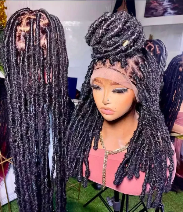 Handmade Butterfly Soft Locs Lace Front Wig – Natural Black Distressed Dreadlock Braided Wig for Black Women