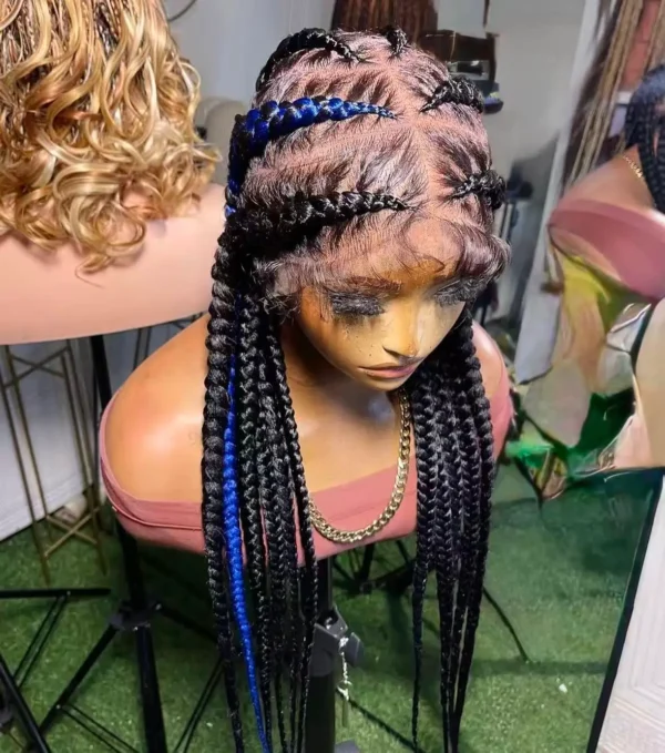 Long Cornrow Braided Wig for Women – Black Braided Lace Front Wig with Blue Highlight, Handmade Protective Style