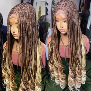 Honey Blonde French Curl Braided Lace Front Wig – Long Goddess Knotless Braid Wig -HD Full Lace braided Wig