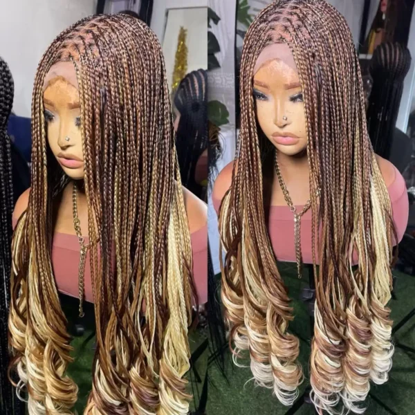 Honey Blonde French Curl Braided Lace Front Wig – Long Goddess Knotless Braid Wig -HD Full Lace braided Wig