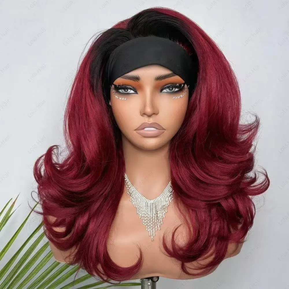 Glueless Burgundy Headband Wig with Black Roots – Shoulder Length Layered Voluminous Blowout Wig with Attached Headband